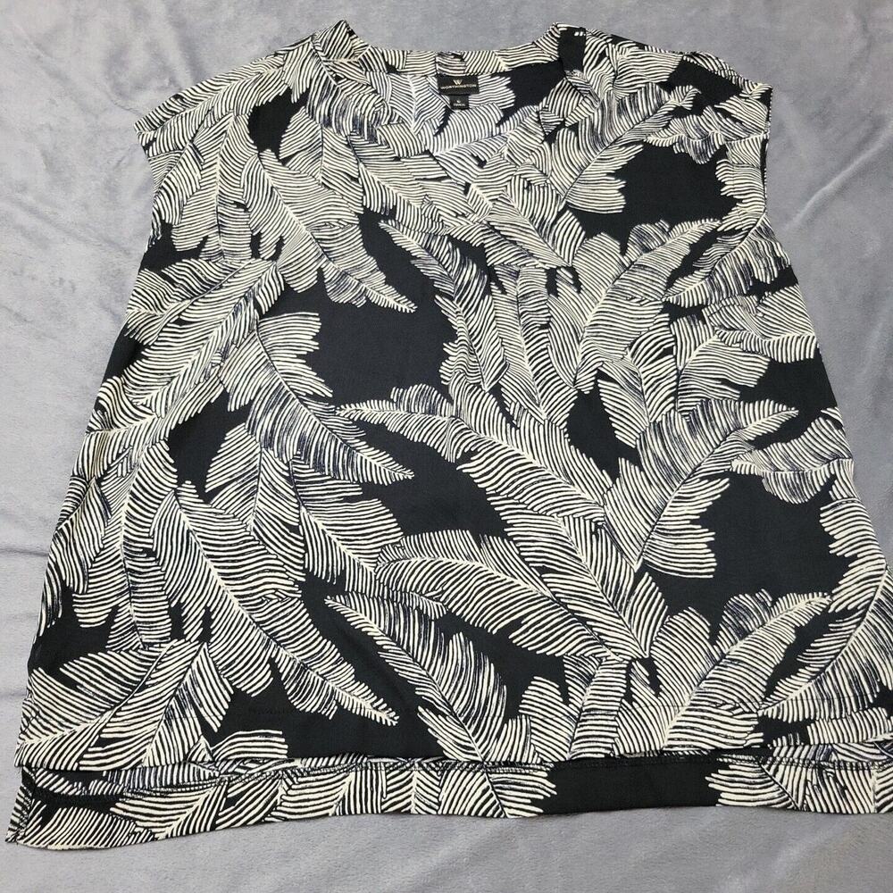 Worthington Shirt Womens L Black Leaf Top Sleeveless Notch Lightweight Pullover
